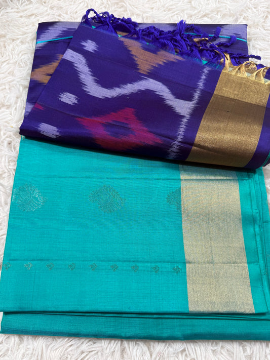 Teal Silk Saree with Purple Ikat Pallu