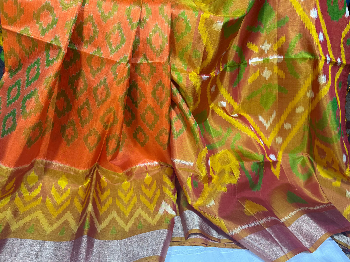 Orange Ikat Silk Saree with Mustard Pallu