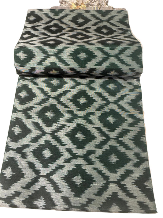 Emerald Green Ikat Silk Saree with Gray & Gold Kanchi Border