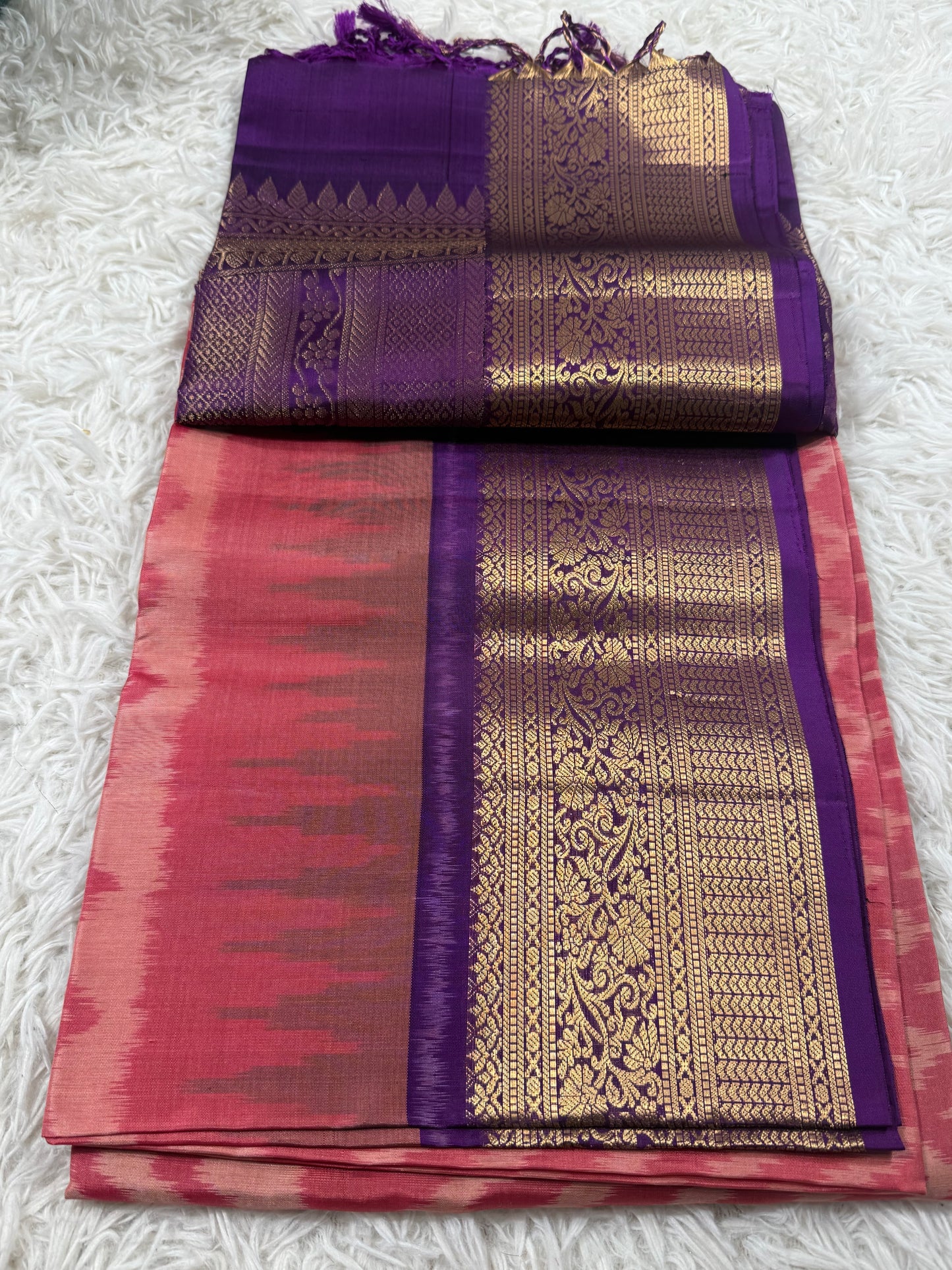 Dusty Rose Silk Saree with rich royal purple Kanchi border