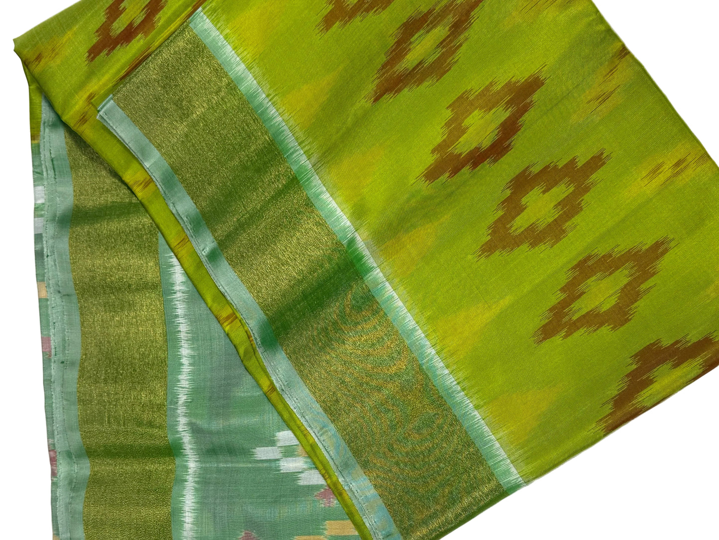 Lime Green Ikat Silk Saree with Pastel Pallu