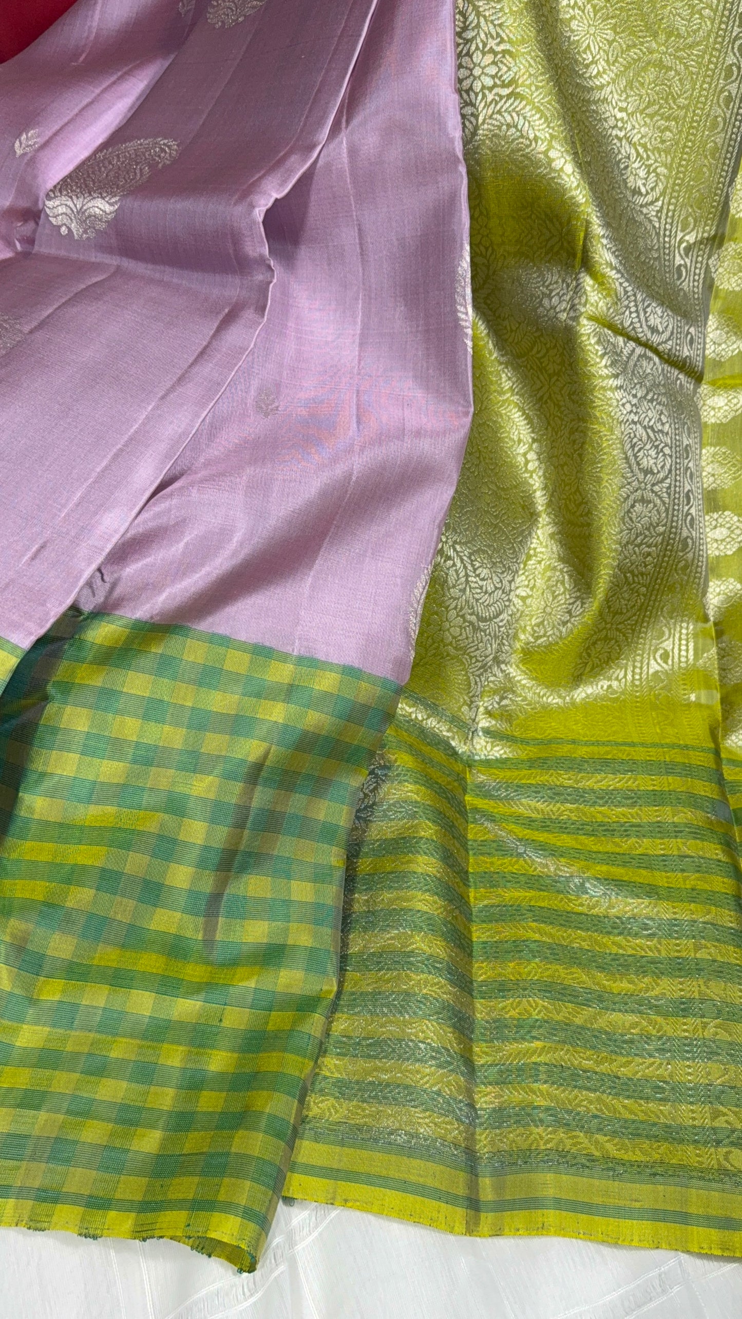 Lavender Silk Saree with Green Checkered Border
