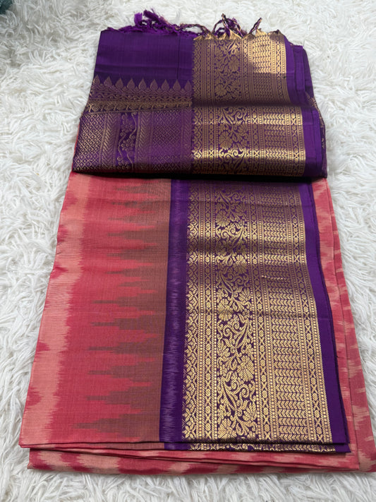 Dusty Rose Silk Saree with rich royal purple Kanchi border