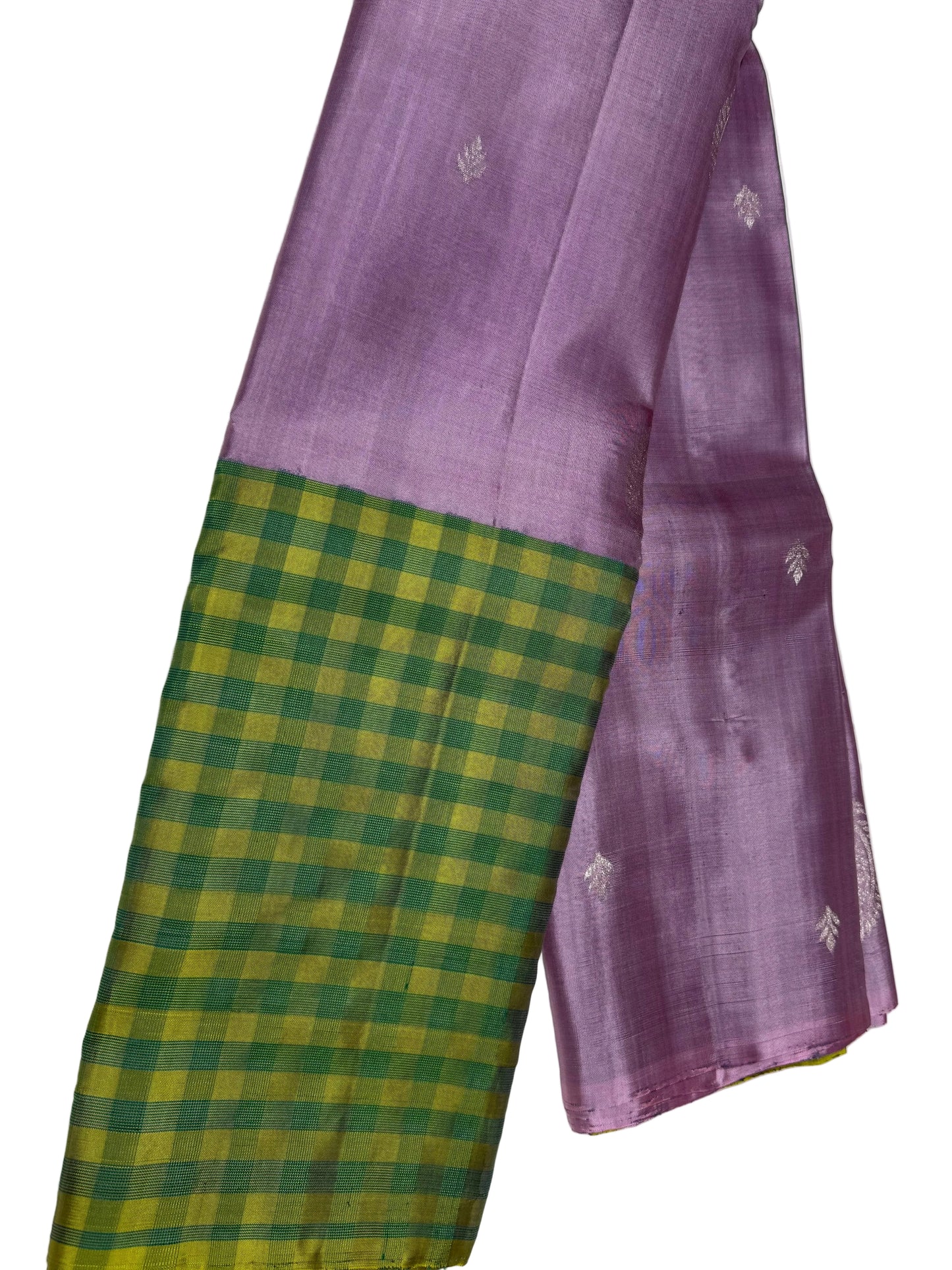 Lavender Silk Saree with Green Checkered Border