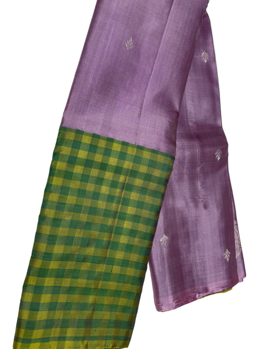 Lavender Silk Saree with Green Checkered Border