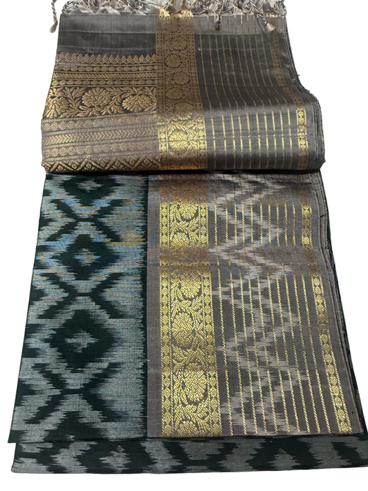 Emerald Green Ikat Silk Saree with Gray & Gold Kanchi Border