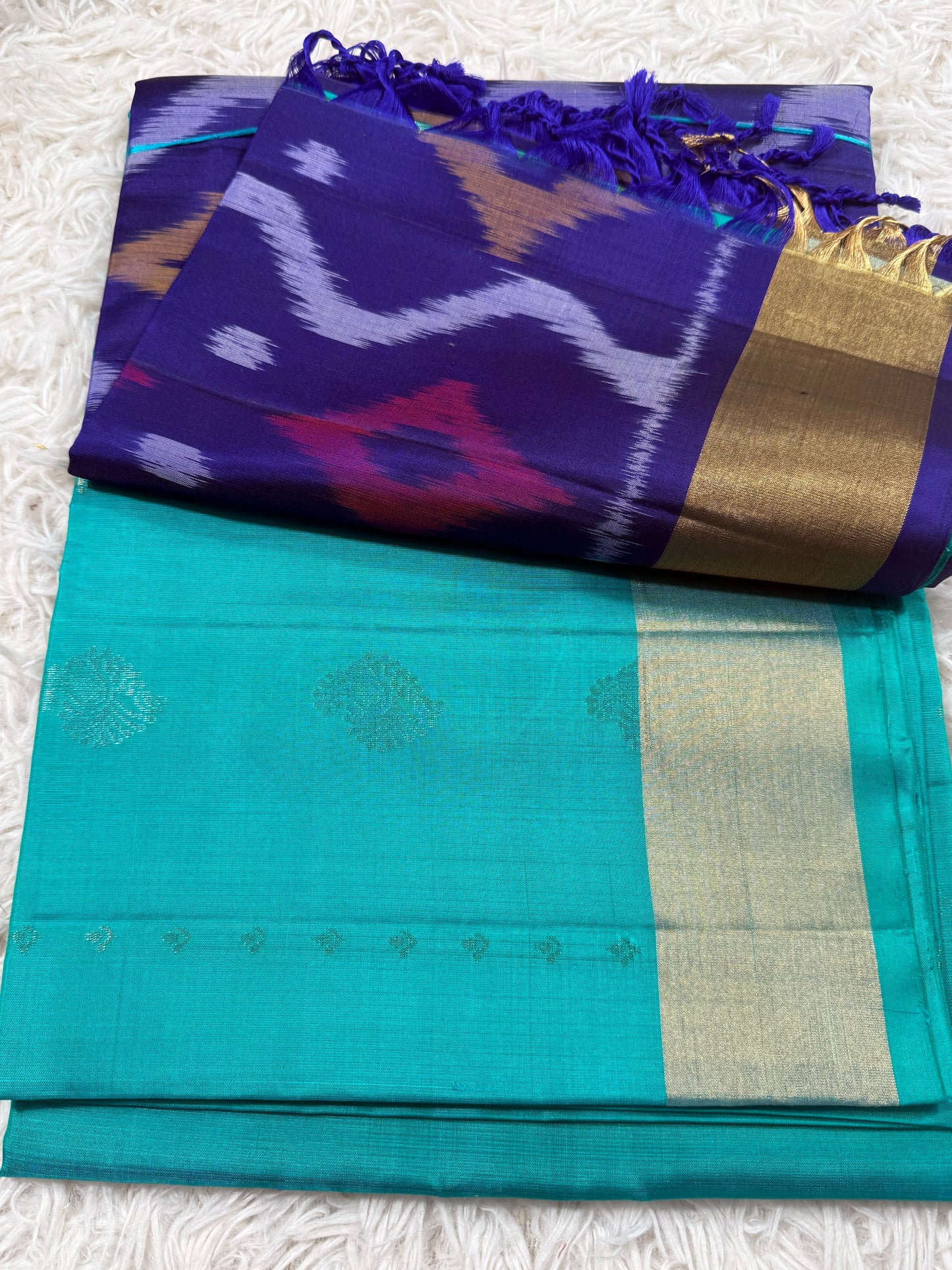 Teal Silk Saree with Purple Ikat Pallu