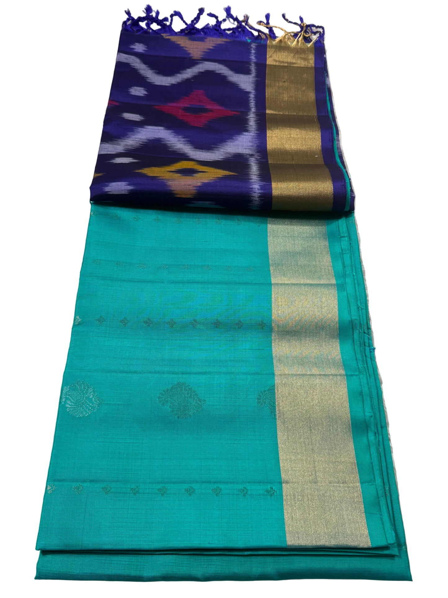 Teal Silk Saree with Purple Ikat Pallu
