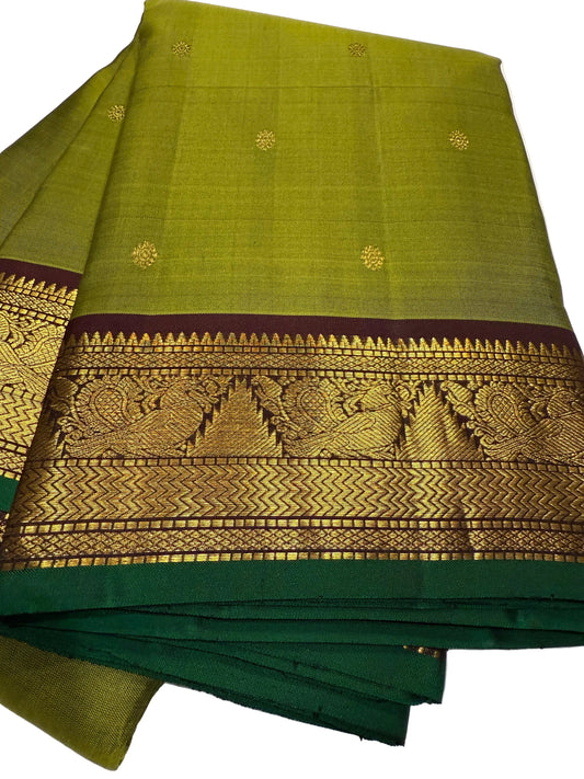 Olive Green Kanchivaram Silk Saree with Coffee Brown Zari Border