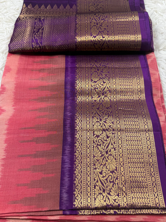 Dusty Rose Silk Saree with rich royal purple Kanchi border