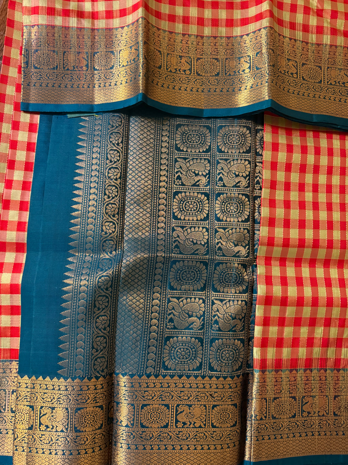 Red Checks Silk Saree with Peacock Blue Border
