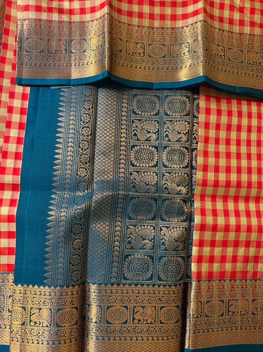 Red Checks Silk Saree with Peacock Blue Border