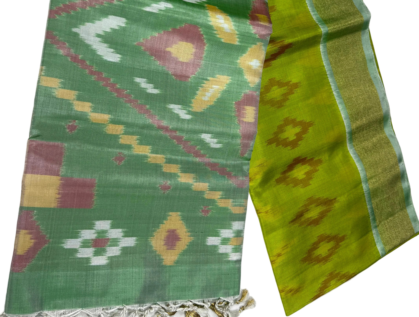 Lime Green Ikat Silk Saree with Pastel Pallu
