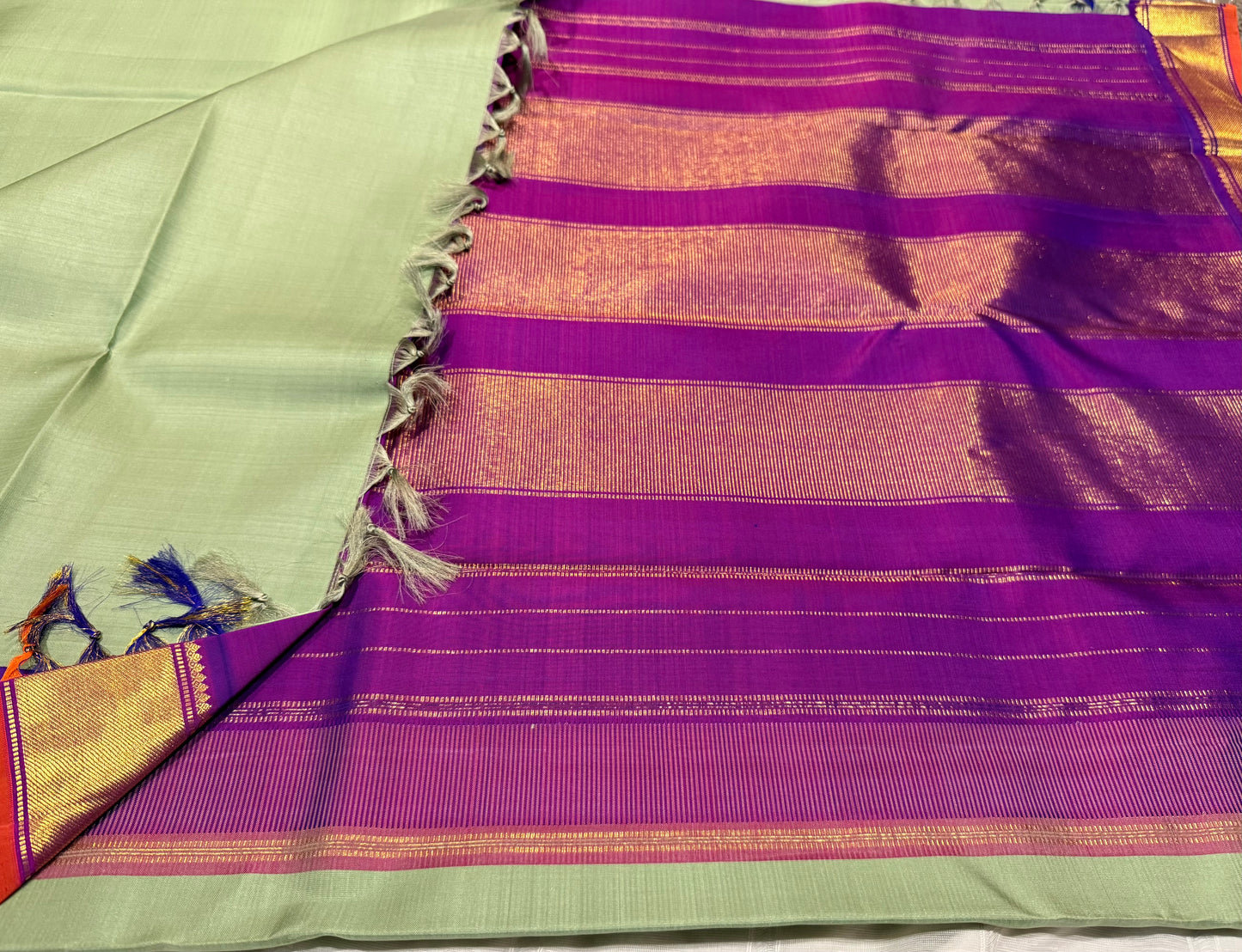 Sage Green Kanchivaram Silk Saree with Purple & Orange Zari Border