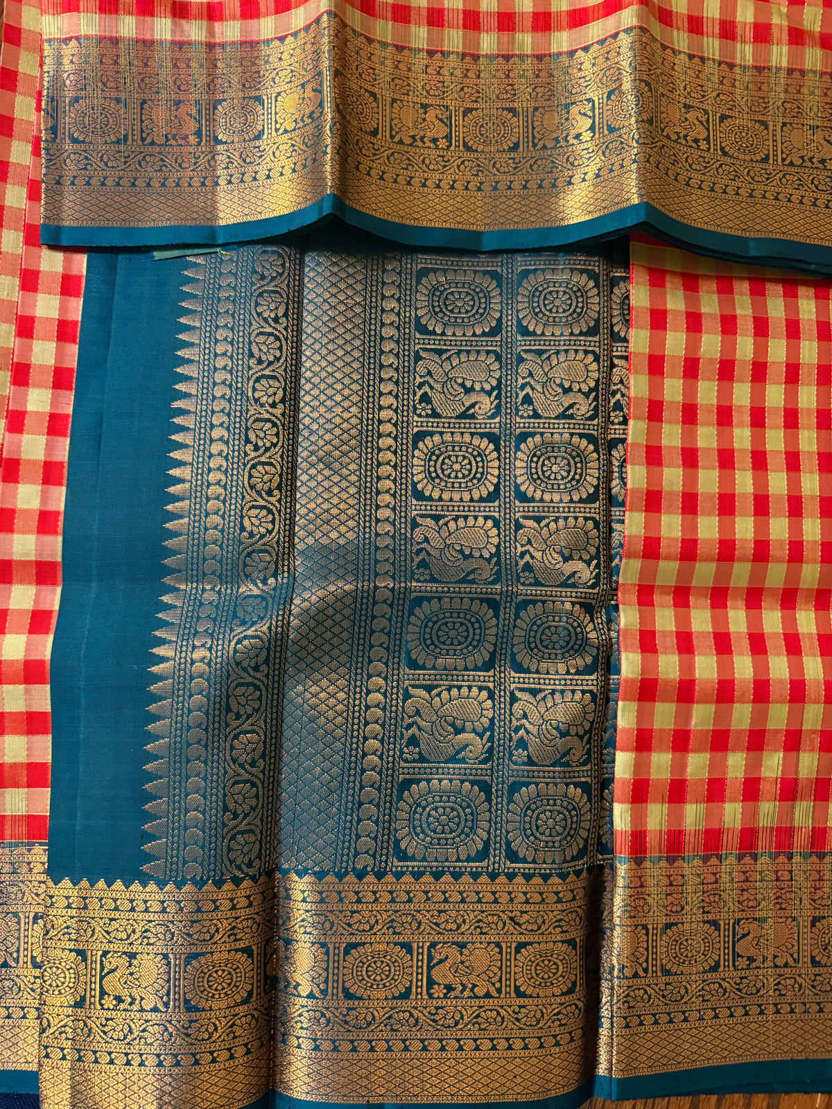Red Checks Silk Saree with Peacock Blue Border