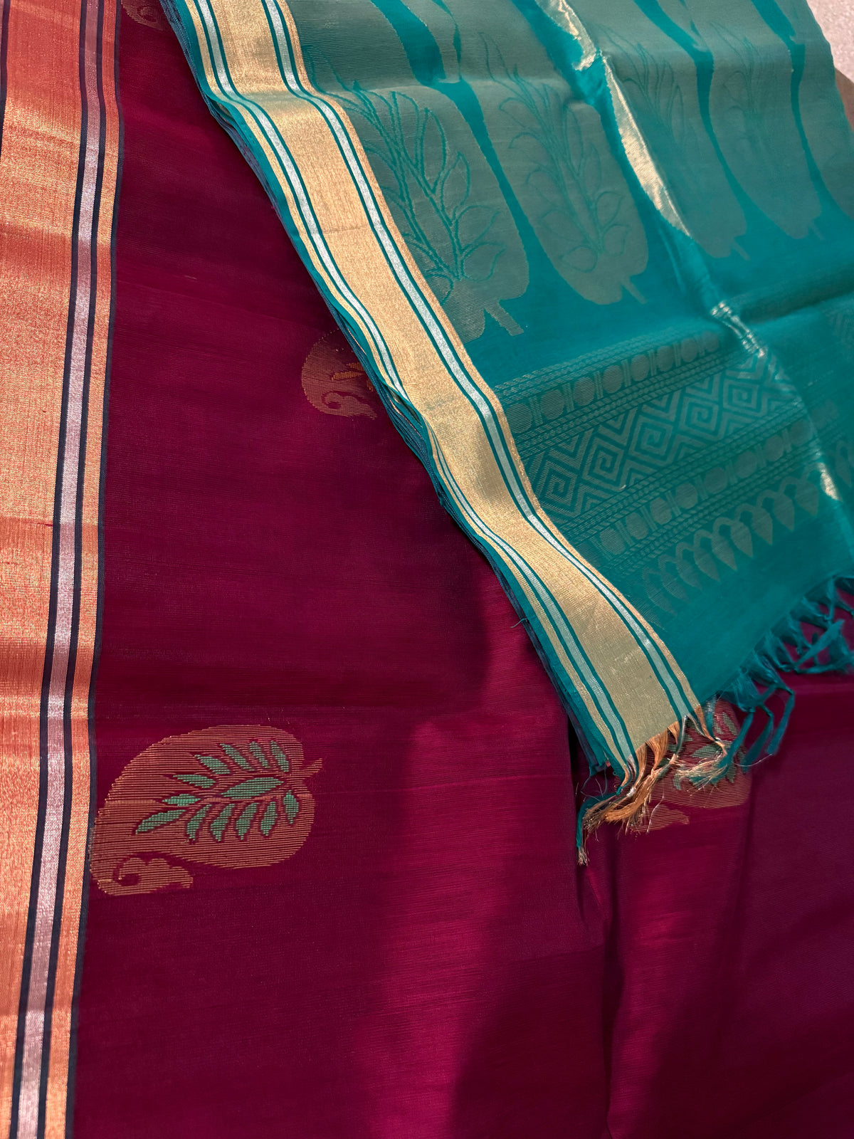 Wine & Aqua Blue Silk Cotton Saree
