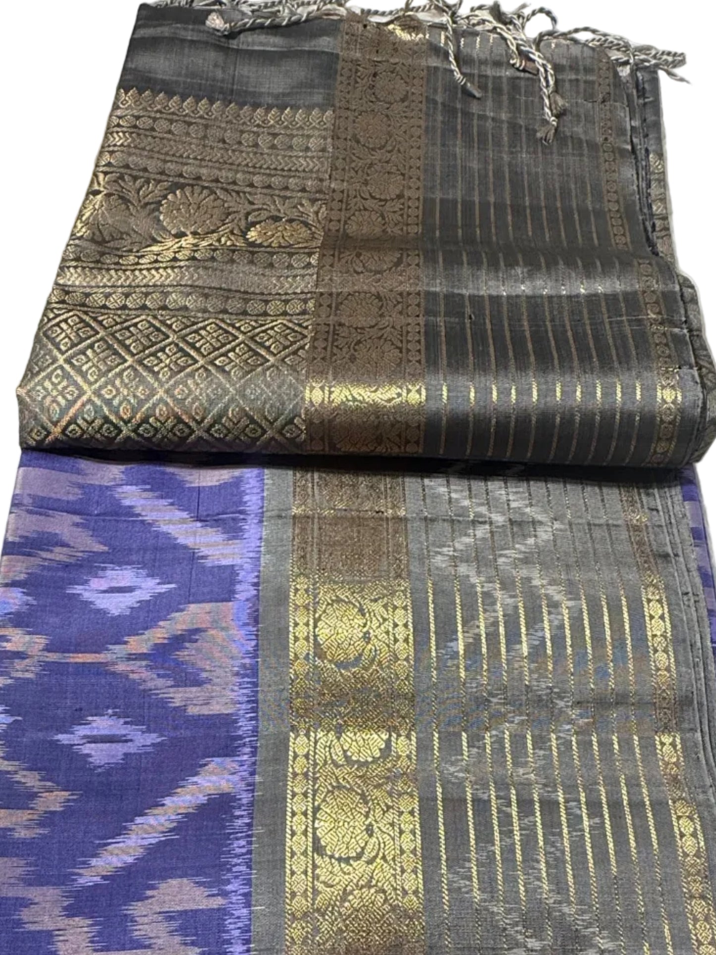 Lavender Ikat Silk Saree with Gray & Gold Kanchi Border