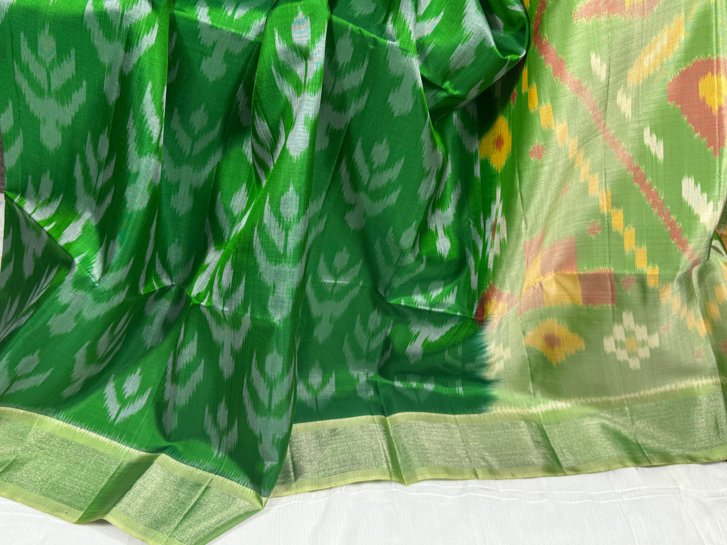 Green Ikat Silk Saree with Light Green Pallu