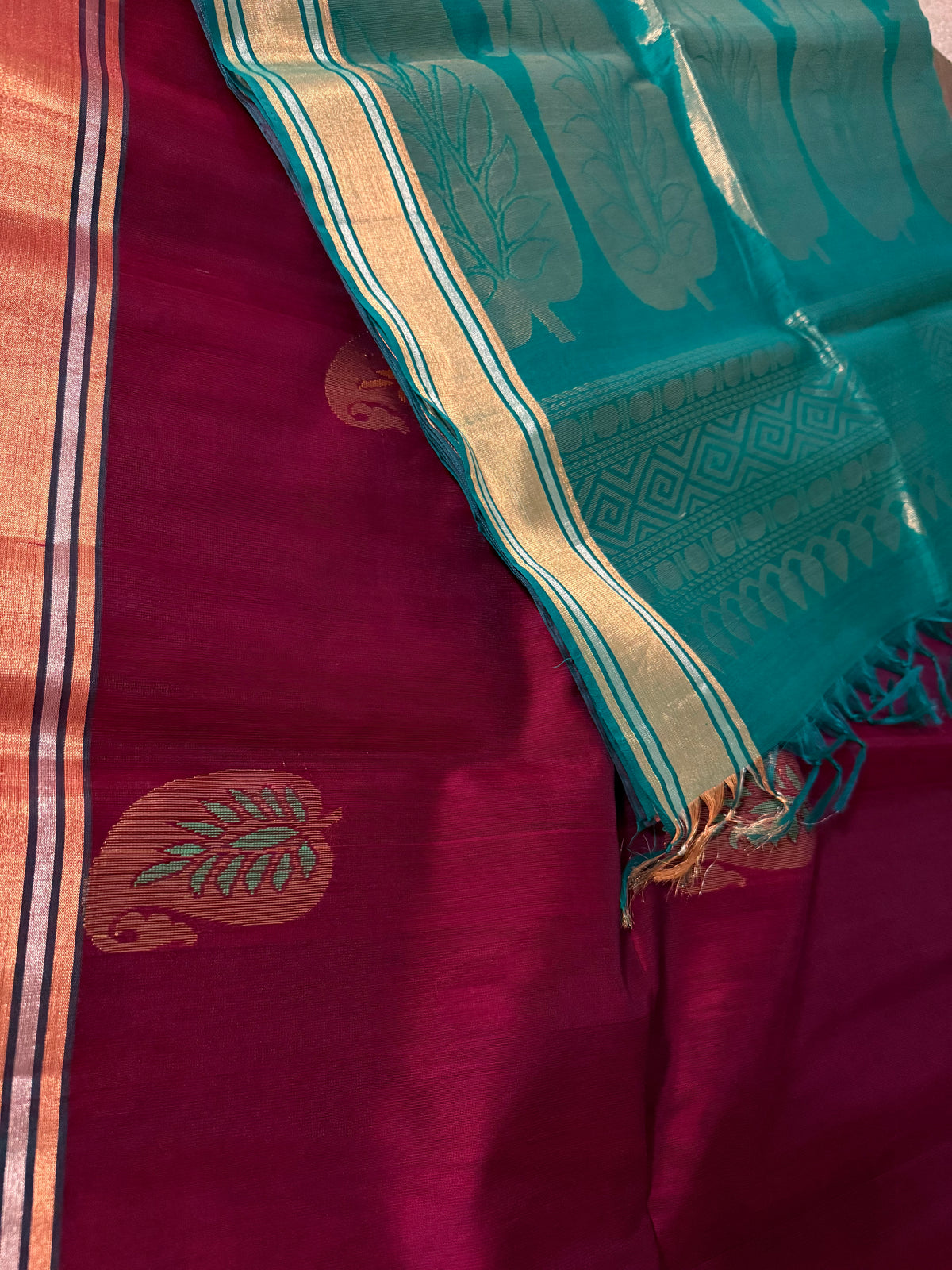 Wine & Aqua Blue Silk Cotton Saree