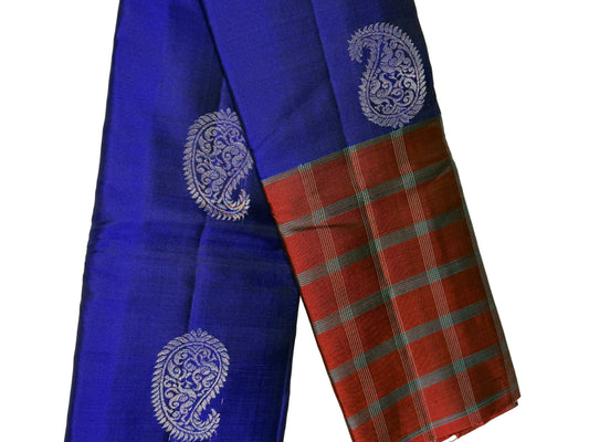 Royal Blue Silk Saree with Red Checkered Border