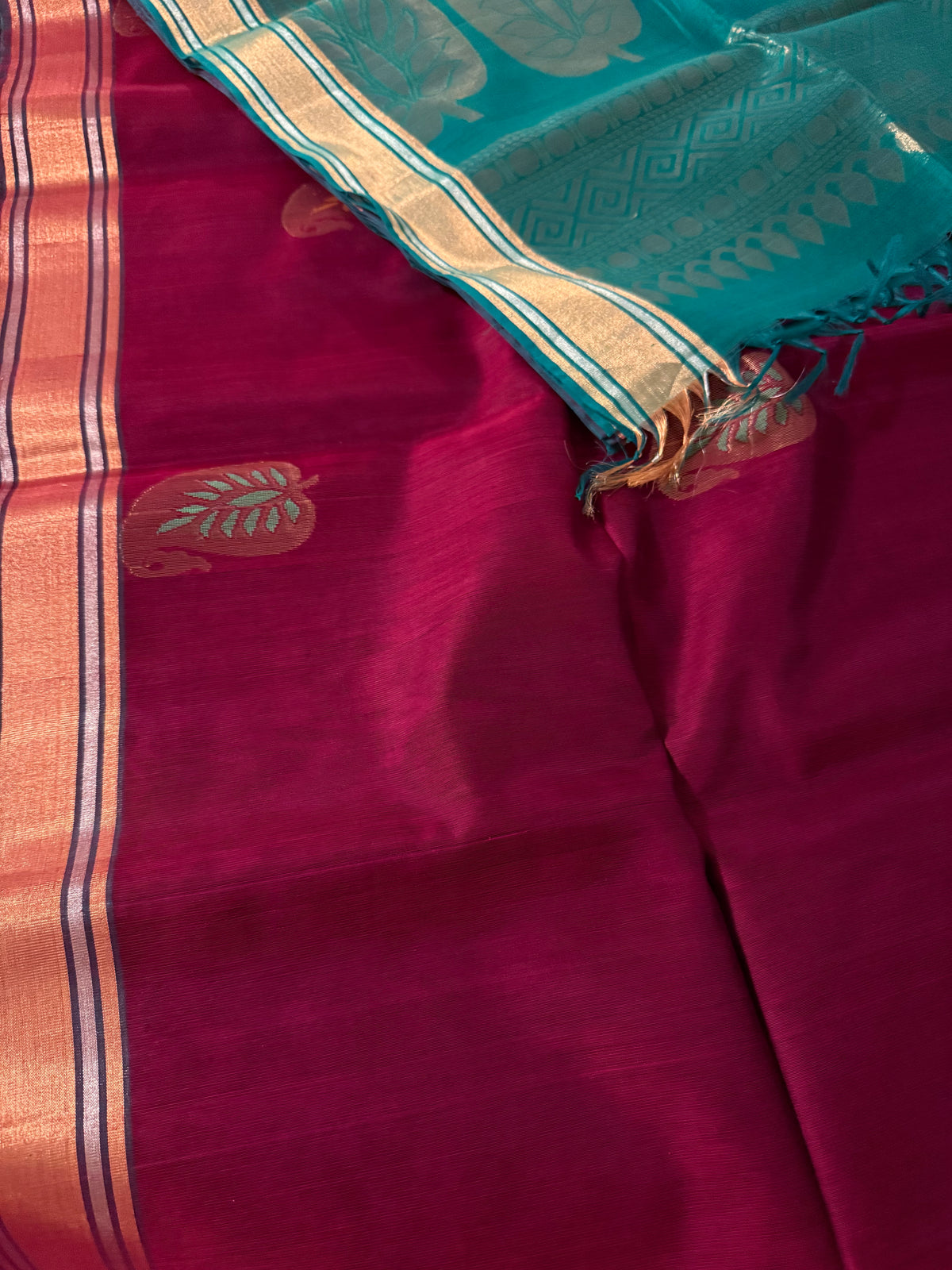 Wine & Aqua Blue Silk Cotton Saree