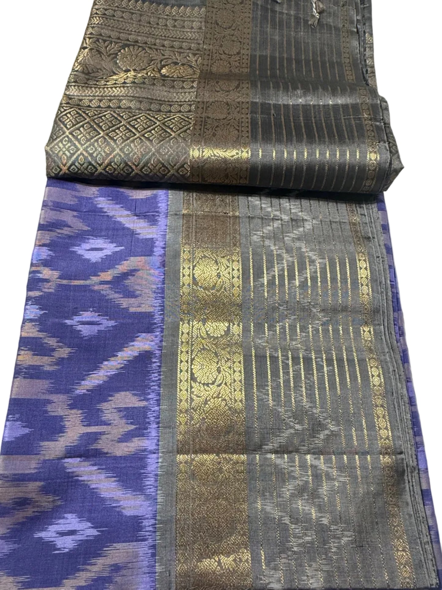 Lavender Ikat Silk Saree with Gray & Gold Kanchi Border