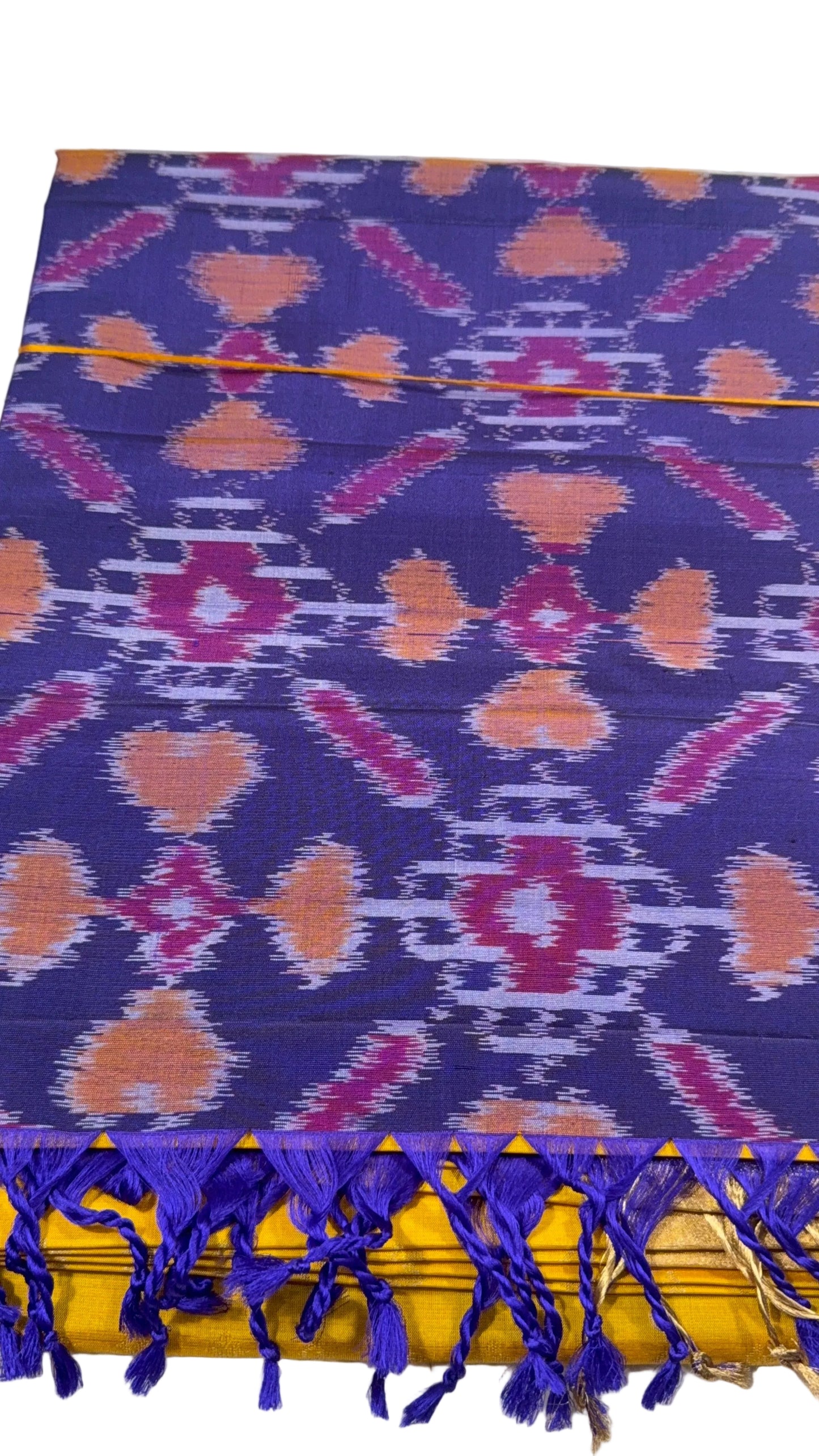 Yellow Silk Saree with Royal Blue Ikat Pallu