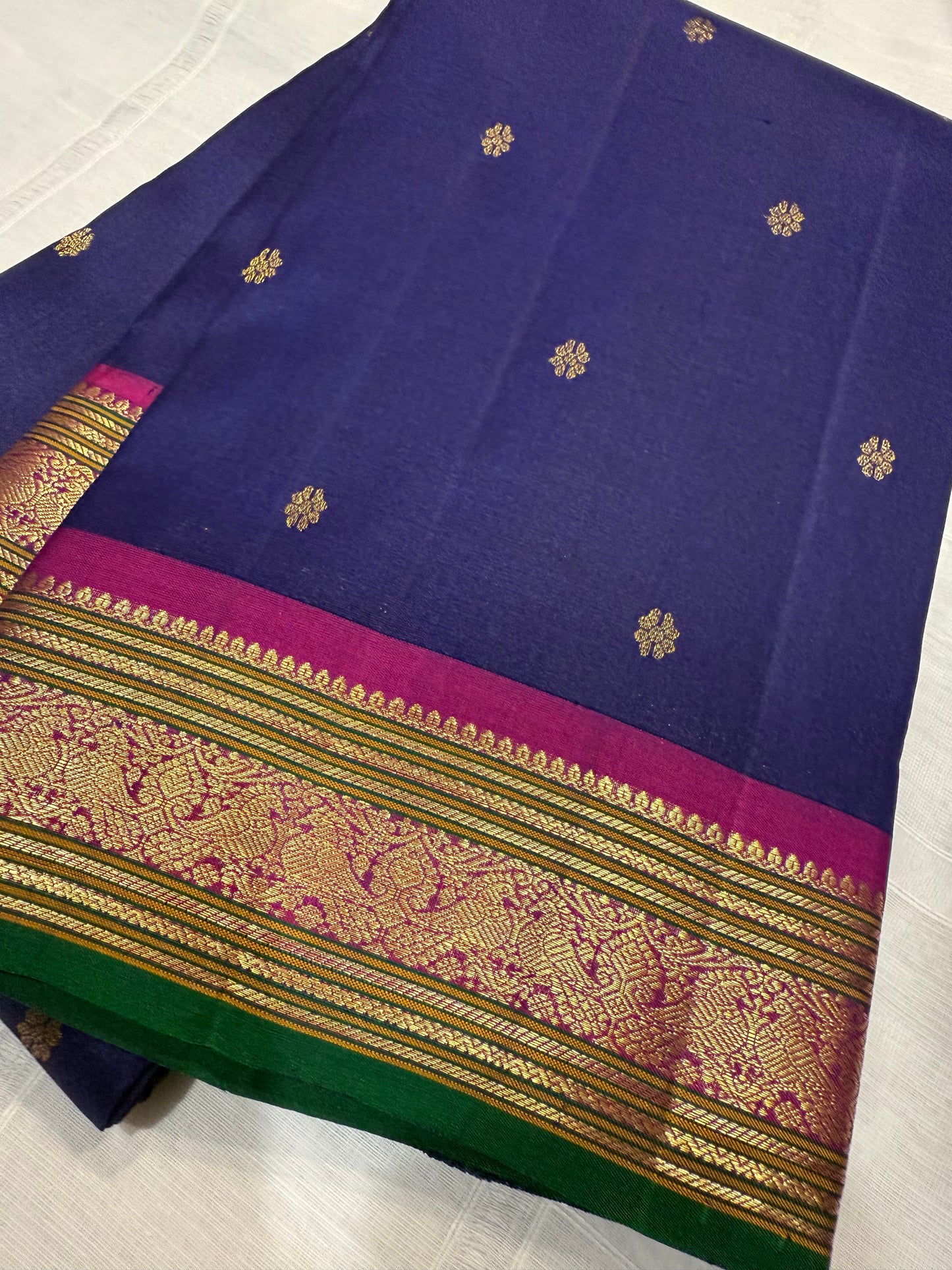 Royal Blue Kanchivaram Silk Saree with Magenta & Green Zari Border