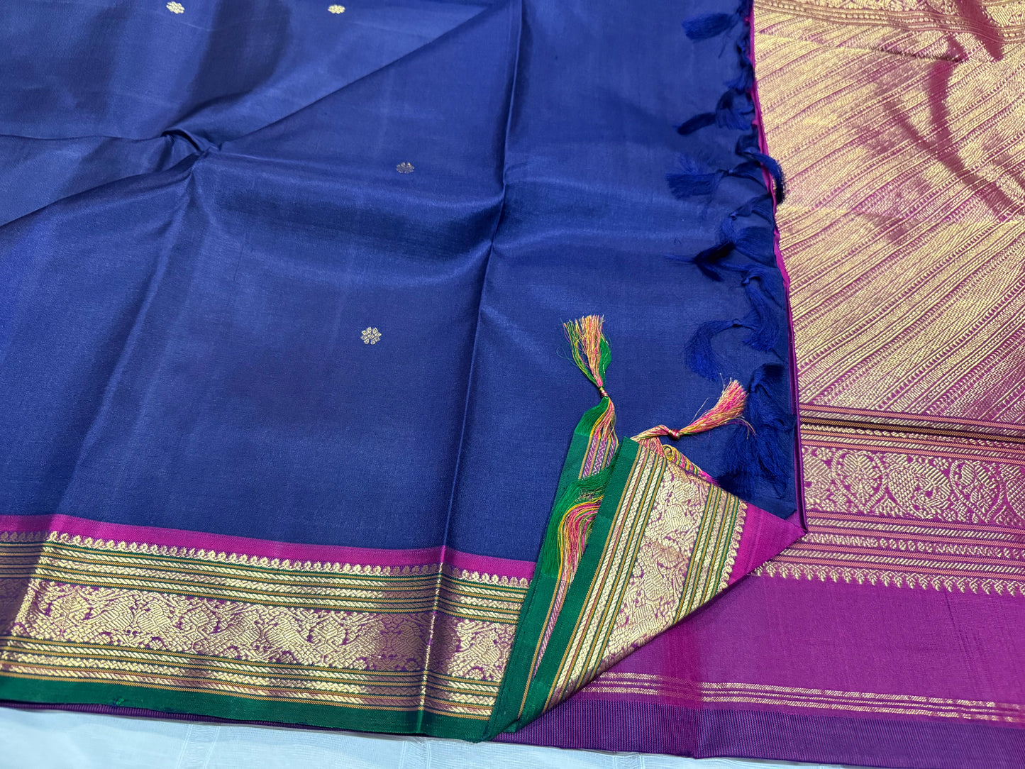 Royal Blue Kanchivaram Silk Saree with Magenta & Green Zari Border
