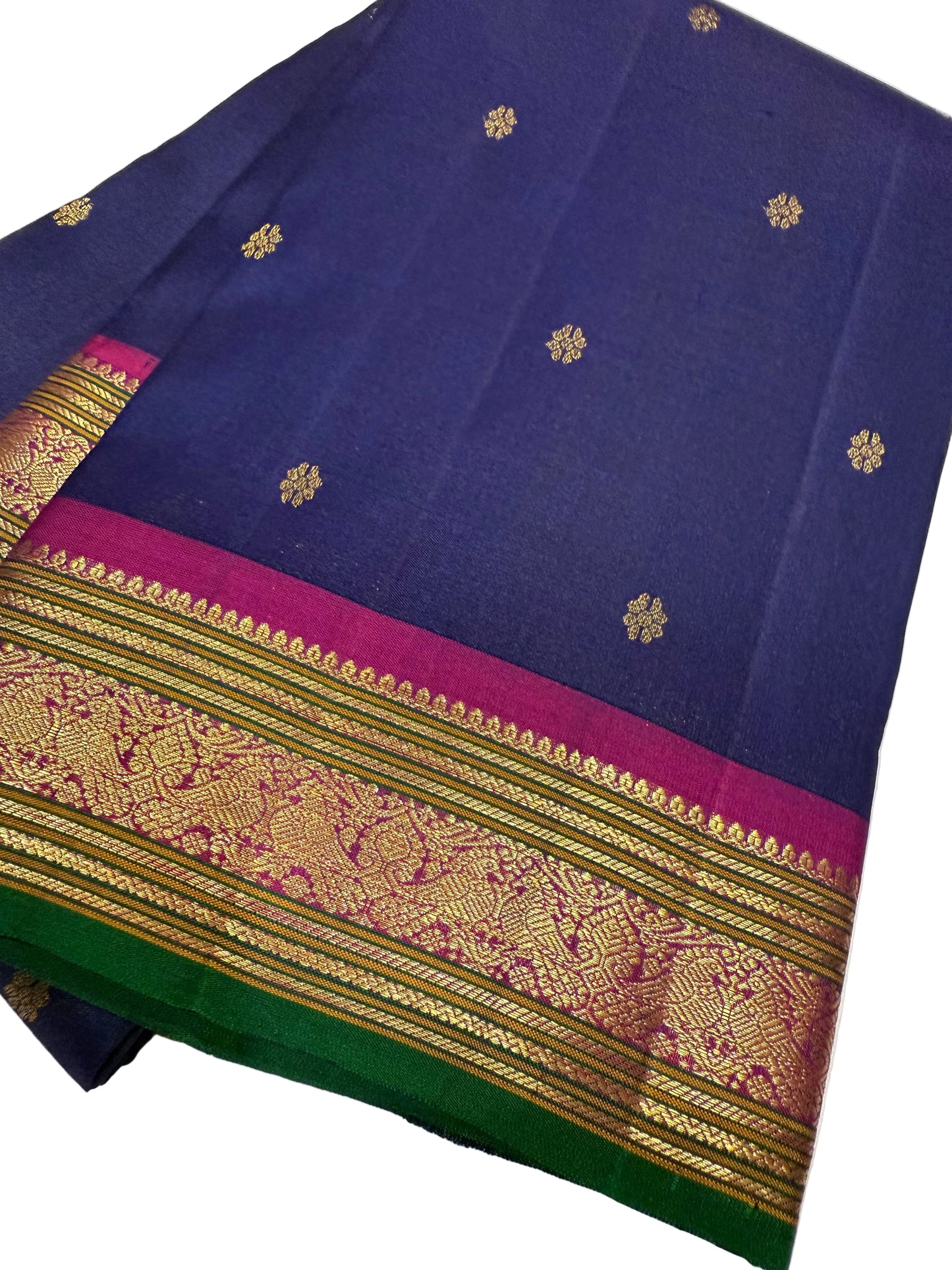 Royal Blue Kanchivaram Silk Saree with Magenta & Green Zari Border