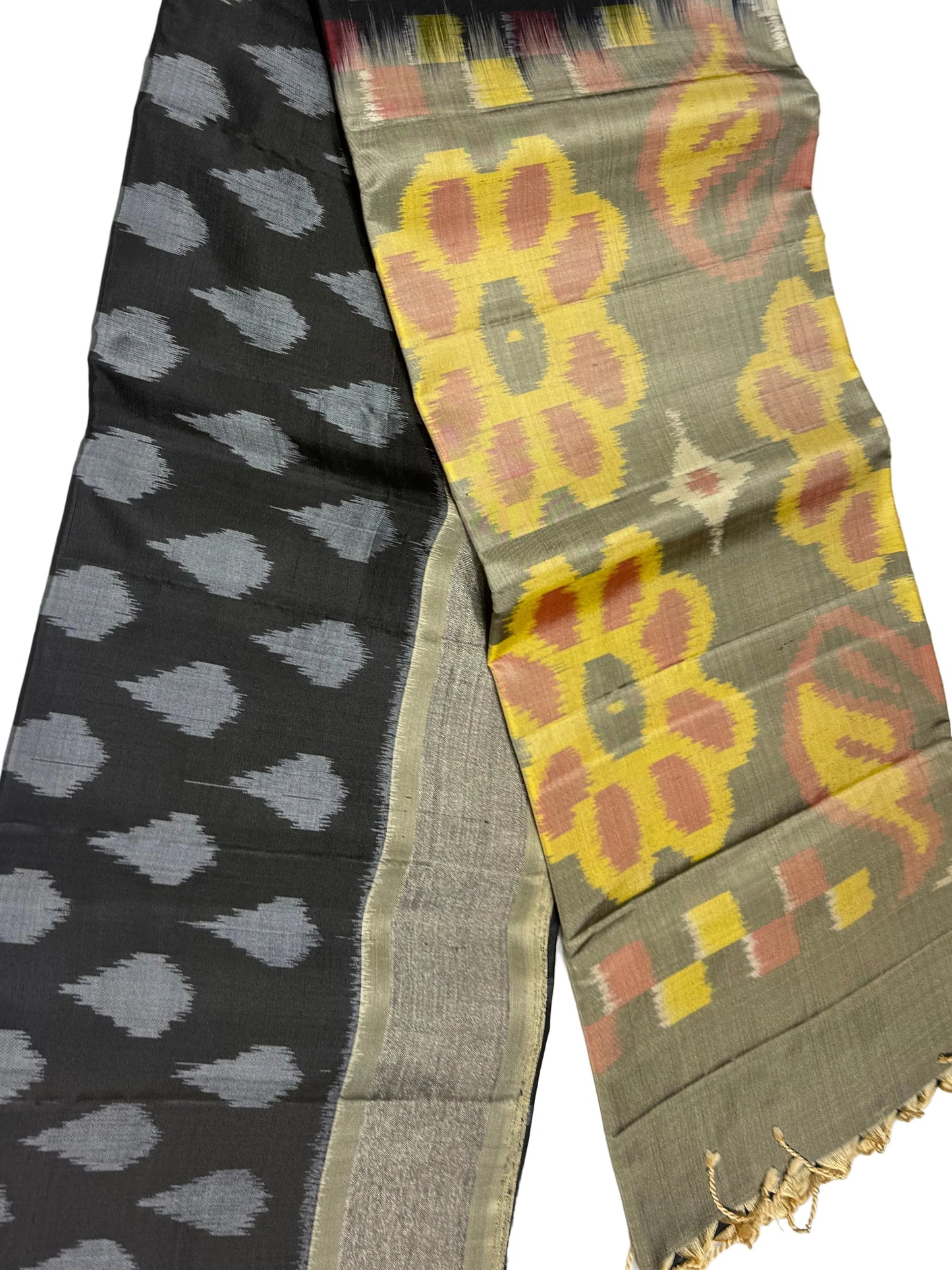 Black Ikat Silk Saree with Olive Floral Pallu