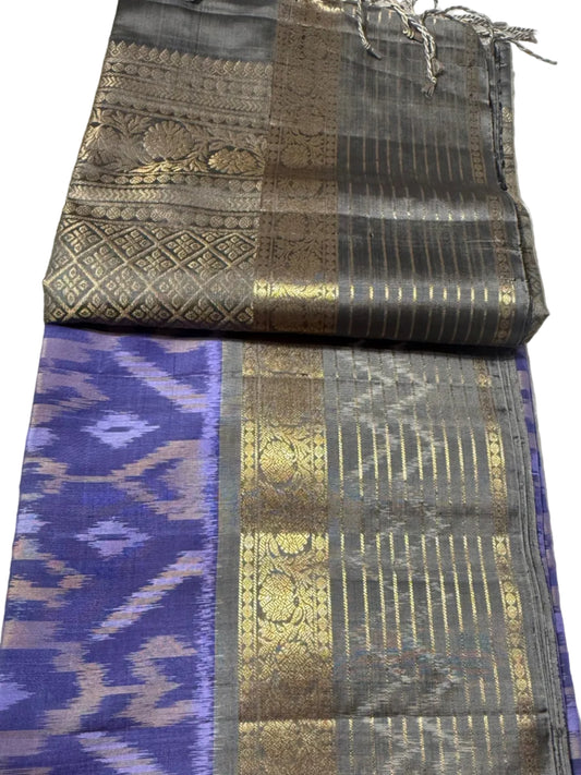 Lavender Ikat Silk Saree with Gray & Gold Kanchi Border