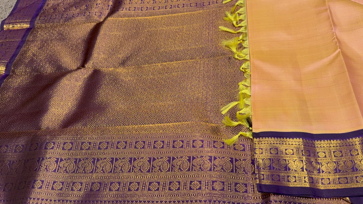 Peach Kanchivaram Silk Saree with Royal Purple Zari Border