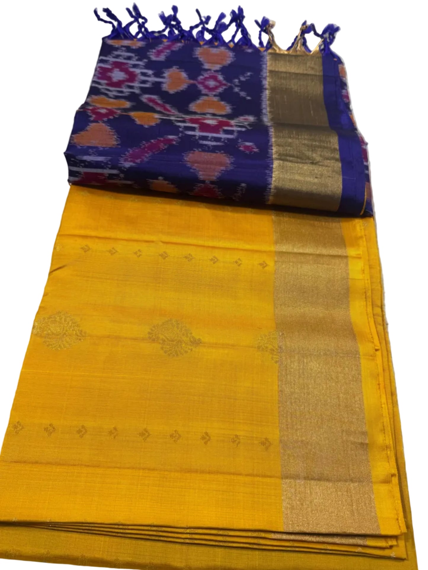 Yellow Silk Saree with Royal Blue Ikat Pallu