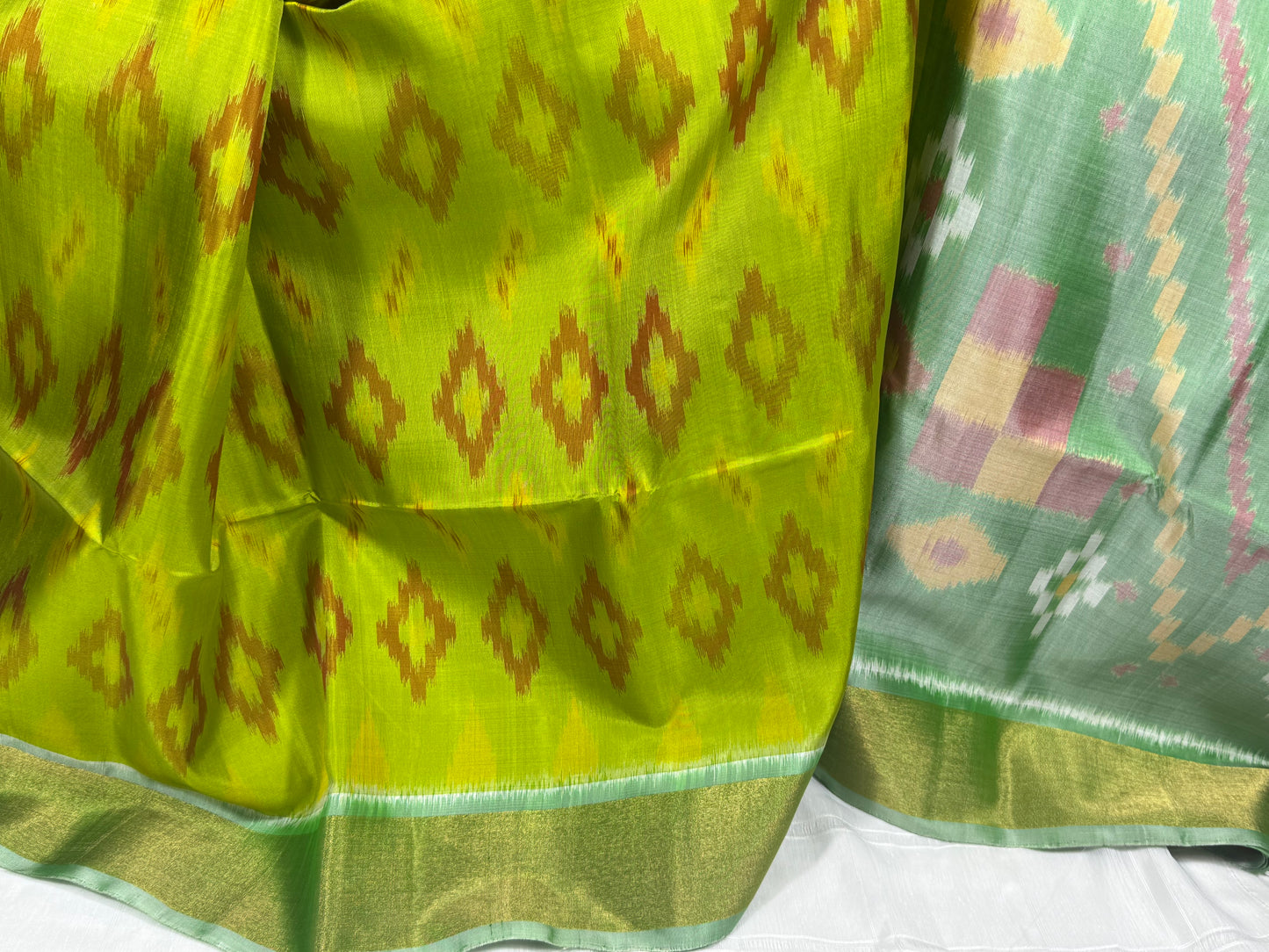Lime Green Ikat Silk Saree with Pastel Pallu