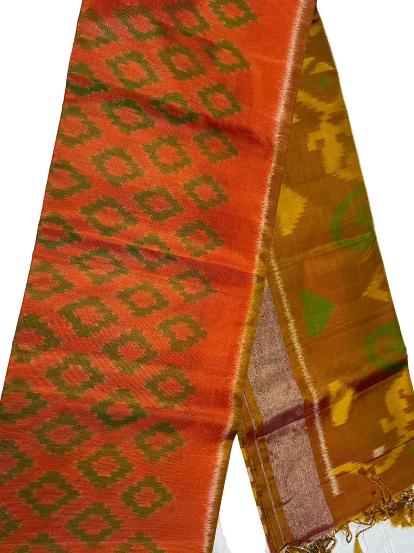 Orange Ikat Silk Saree with Mustard Pallu
