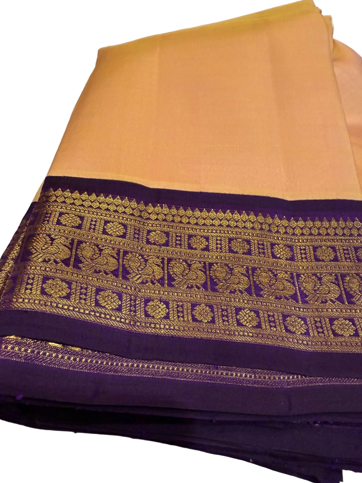Peach Kanchivaram Silk Saree with Royal Purple Zari Border