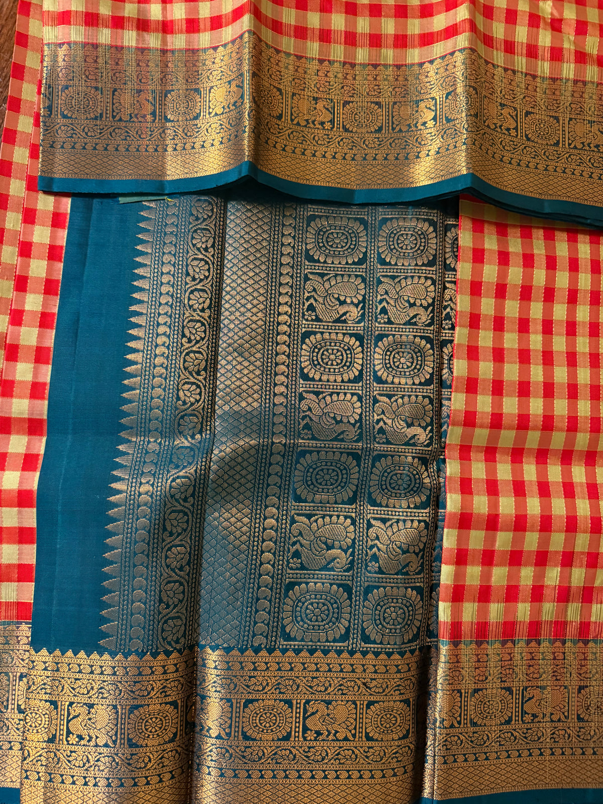 Red Checks Silk Saree with Peacock Blue Border