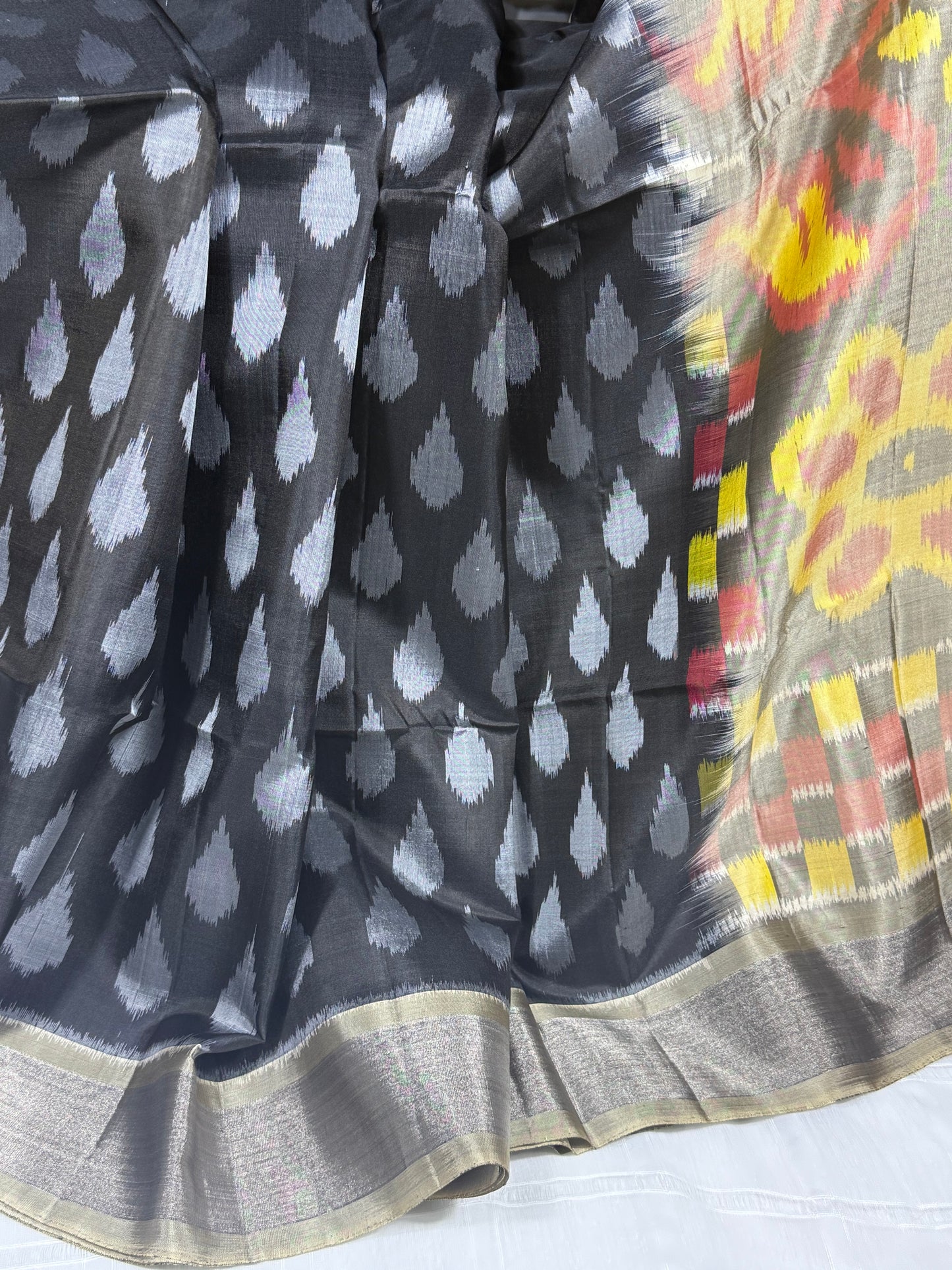 Black Ikat Silk Saree with Olive Floral Pallu