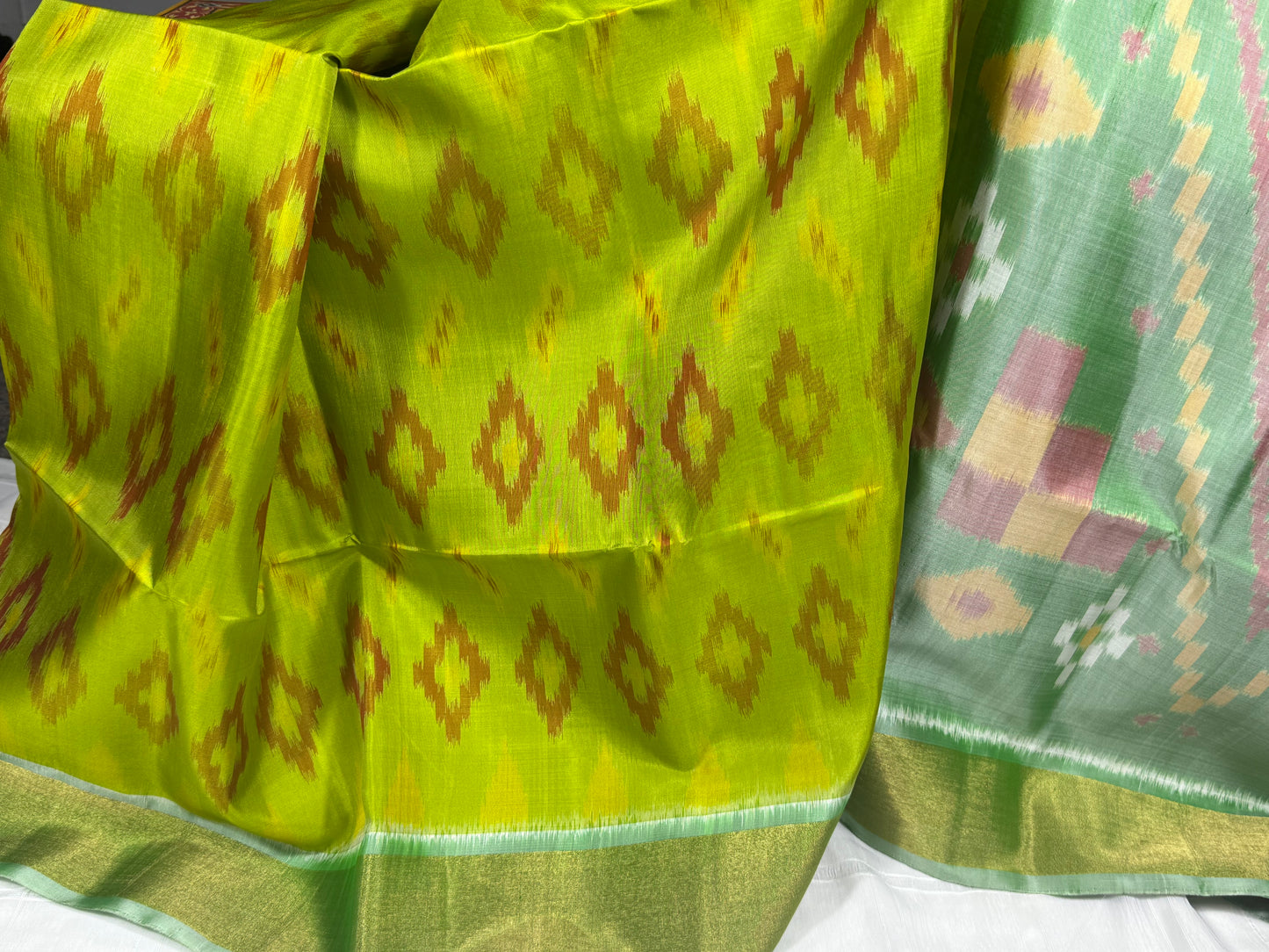 Lime Green Ikat Silk Saree with Pastel Pallu