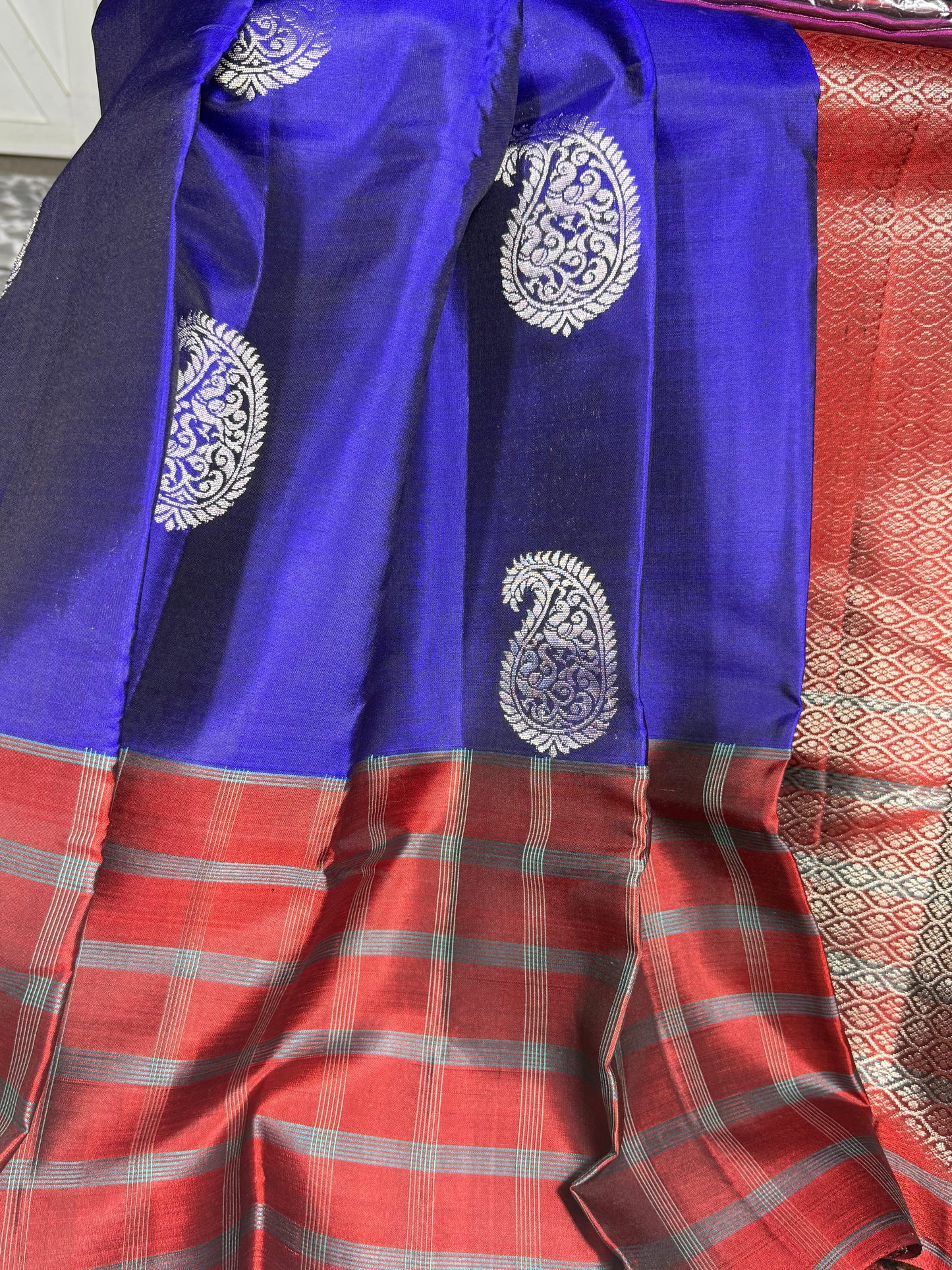 Royal Blue Silk Saree with Red Checkered Border