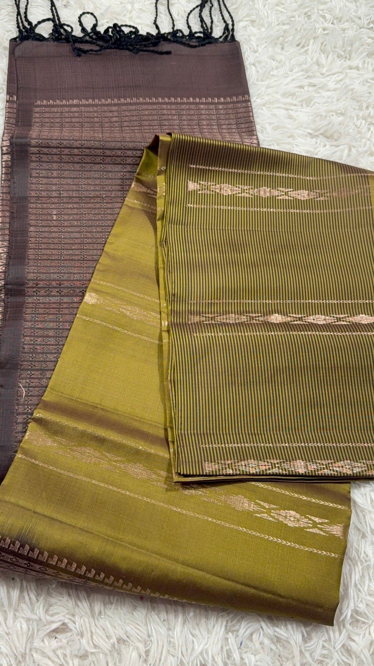 Olive Gold Silk Saree with Brown Zari Border