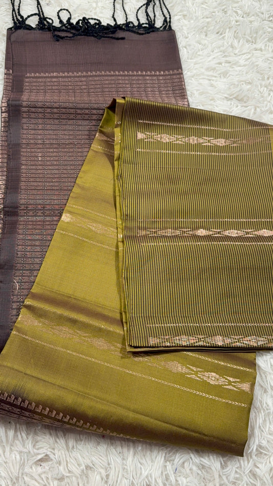 Olive Gold Silk Saree with Brown Zari Border