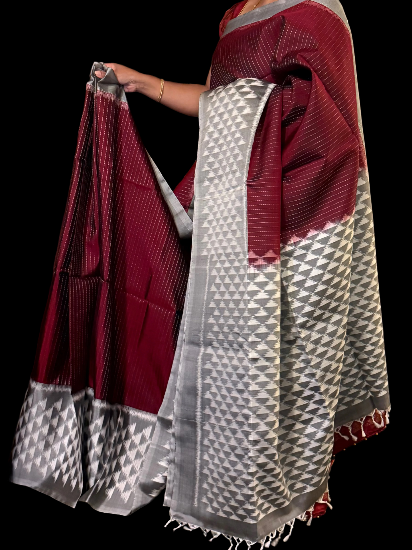 Maroon & Silver grey Ikkat Silk Saree