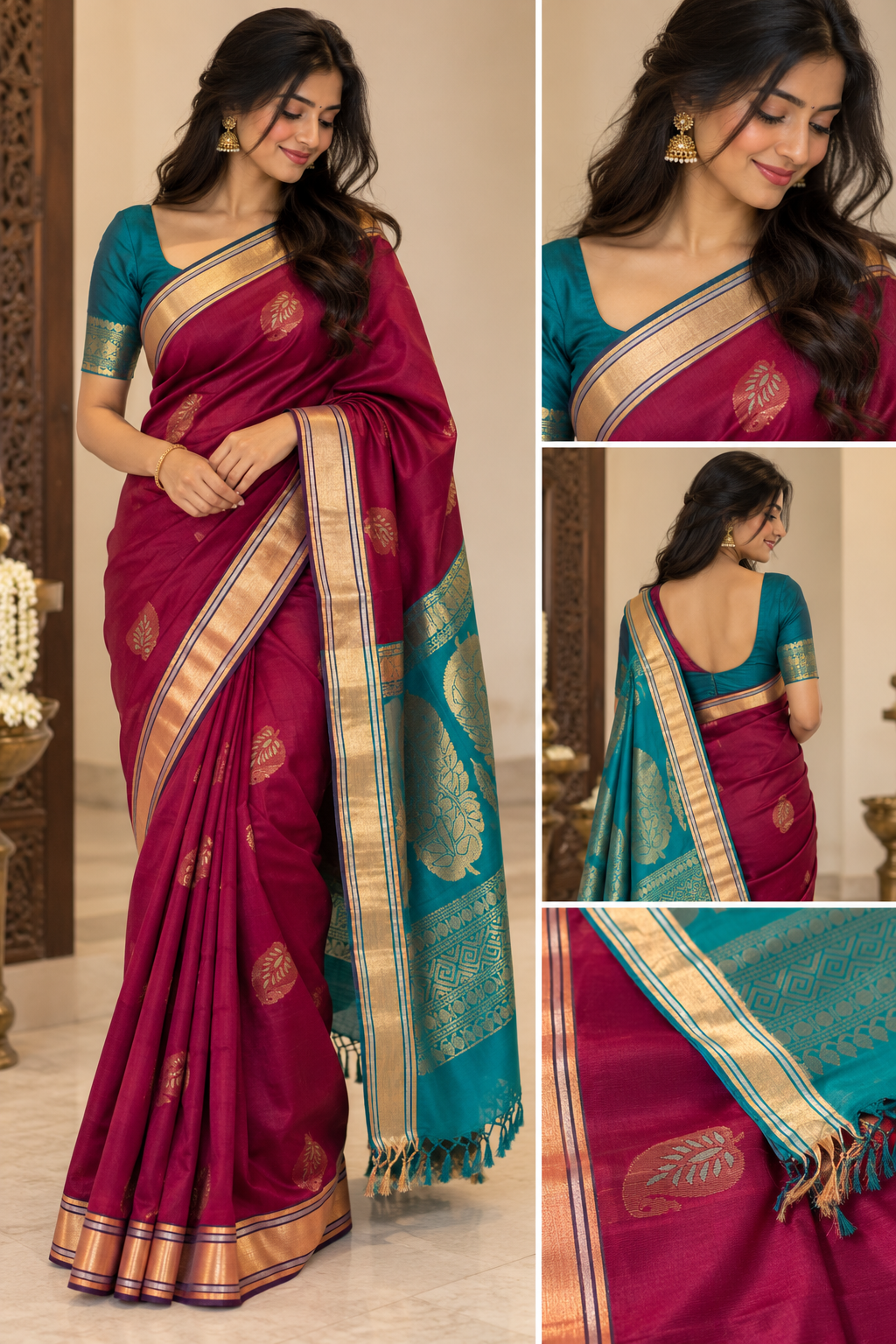 Wine & Aqua Blue Silk Cotton Saree