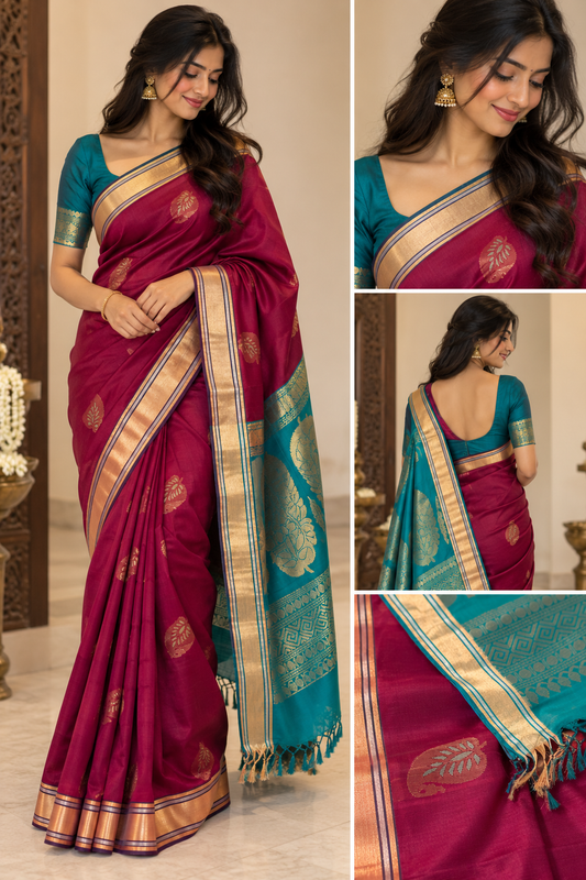 Wine & Aqua Blue Silk Cotton Saree