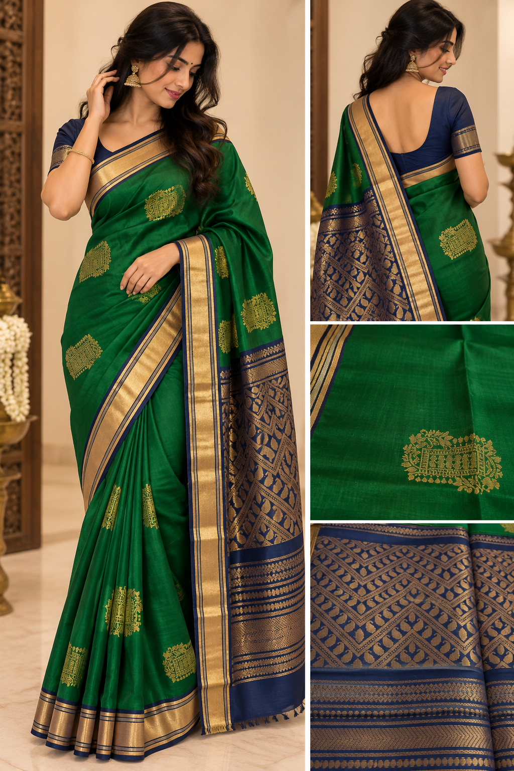 Emerald Green & Royal Blue Silk Cotton Saree
