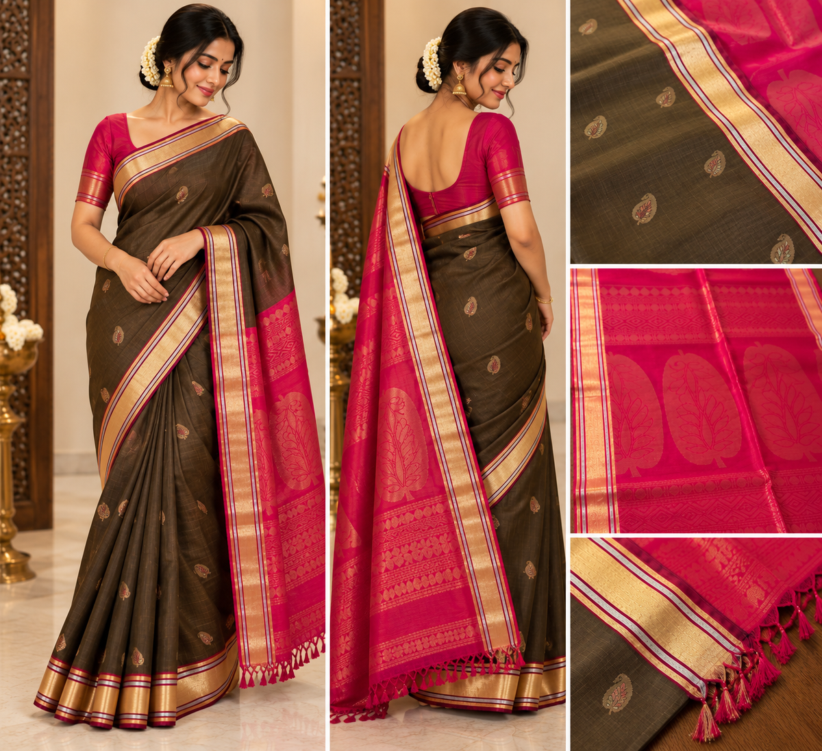 Olive Brown & Rani Pink Silk Cotton Saree