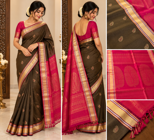 Olive Brown & Rani Pink Silk Cotton Saree