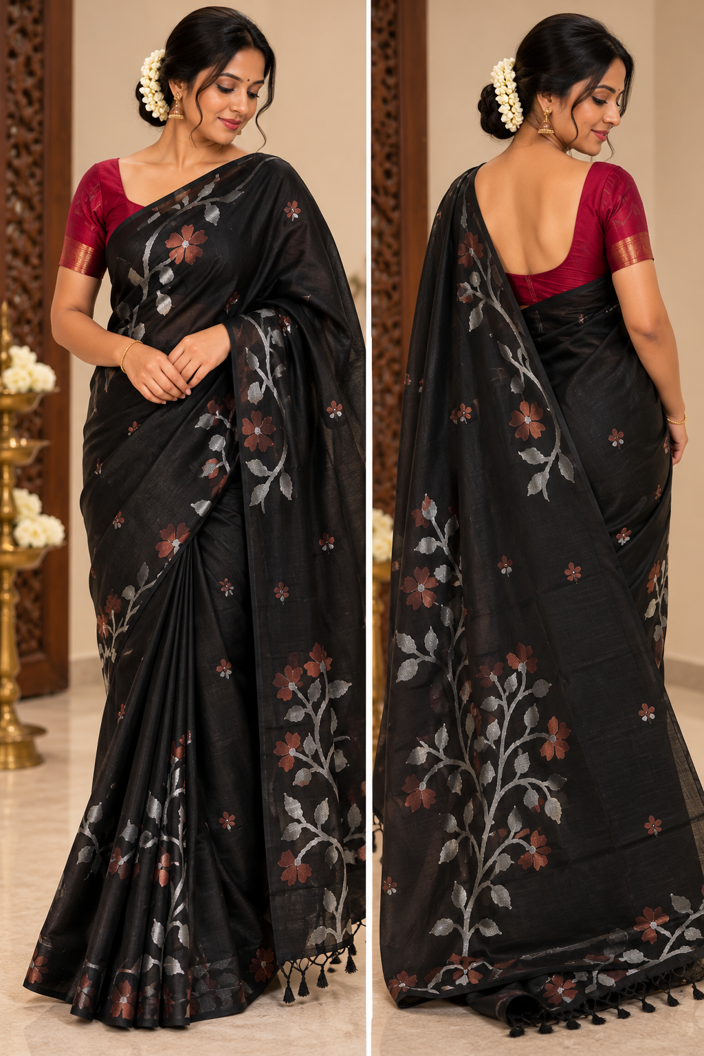Black Jamdhani Silk Saree with Floral Weaving